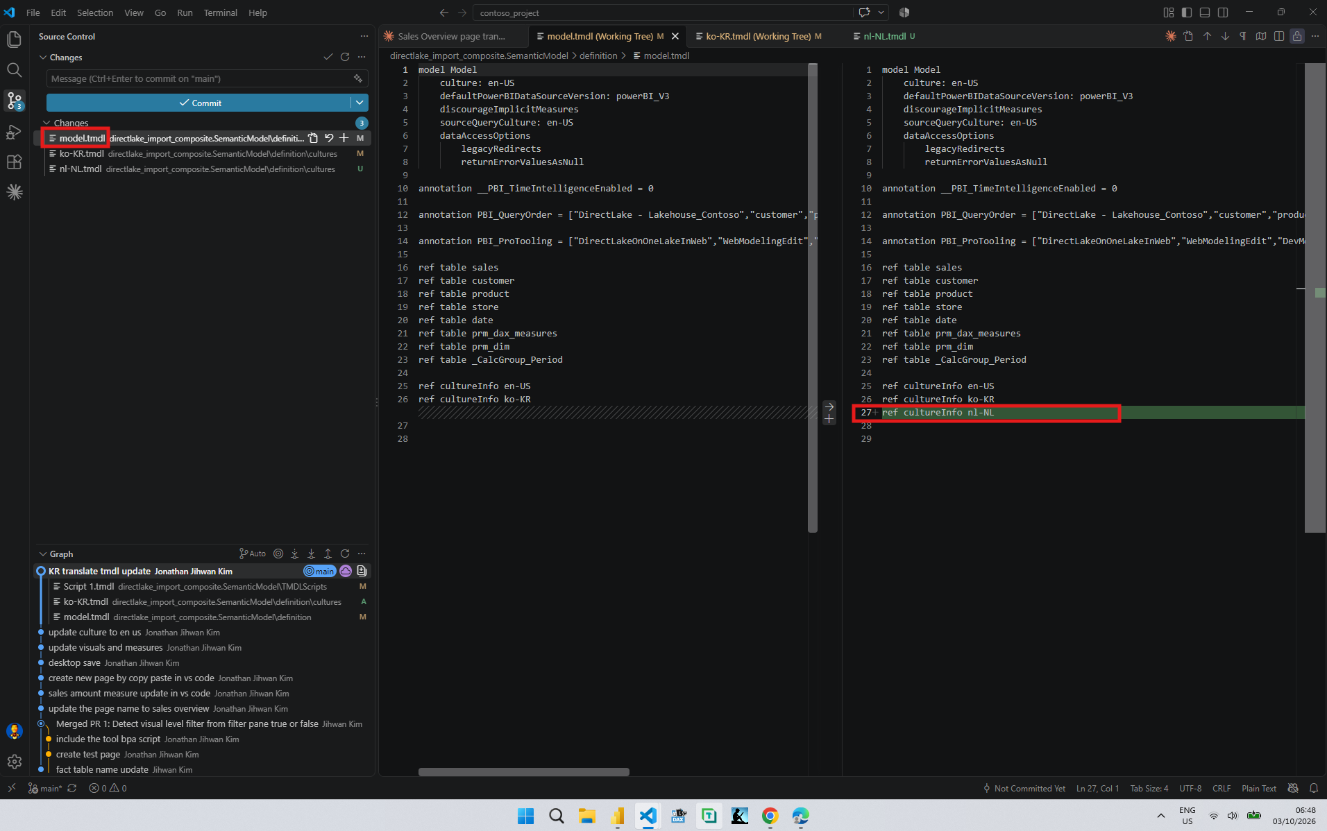The model.tmdl diff in VS Code with ref cultureInfo nl-NL added as line 27, below the en-US and ko-KR lines