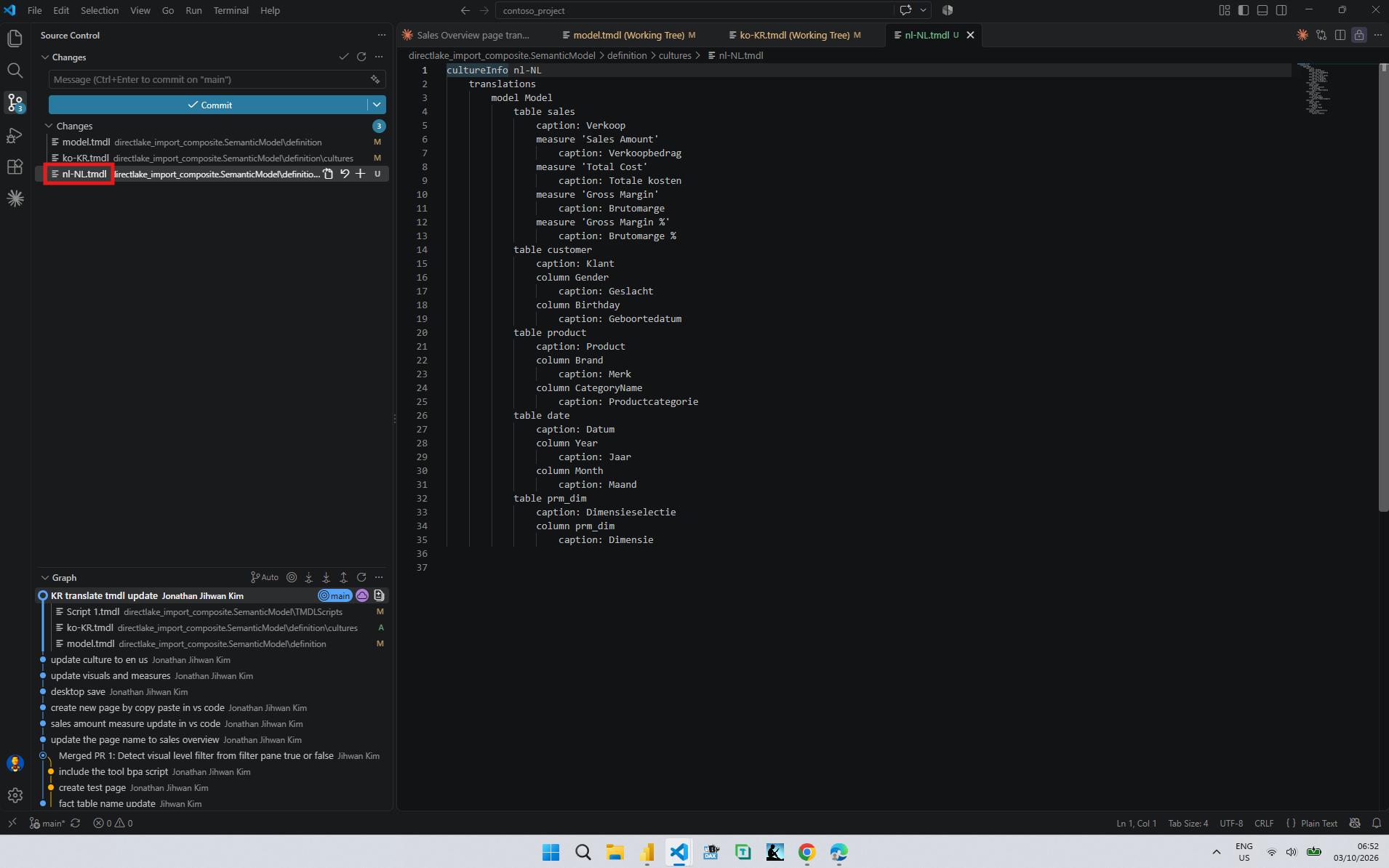 A new nl-NL.tmdl open in VS Code with Dutch captions such as Verkoop, Verkoopbedrag, Totale kosten, Brutomarge, Klant, Geslacht, Merk, Datum, Jaar, Maand, Dimensieselectie, and Dimensie