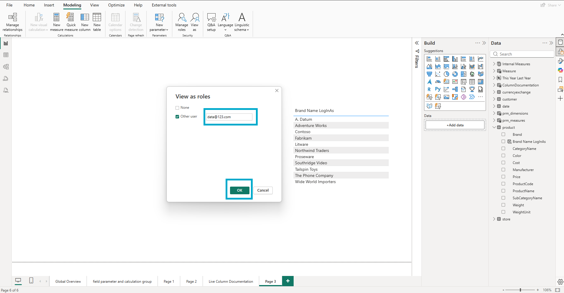 The View as roles dialog with Other user checked and data@123.com entered