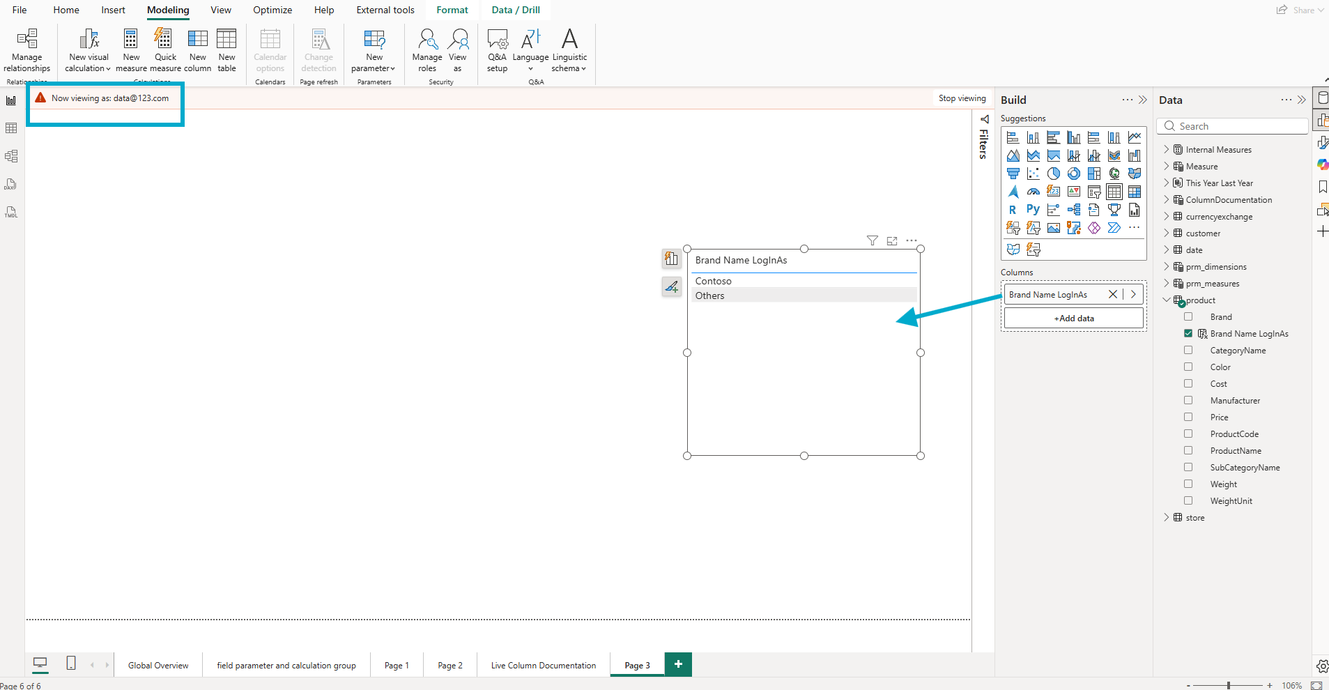 The same table visual now showing only Contoso and Others while impersonating data@123.com