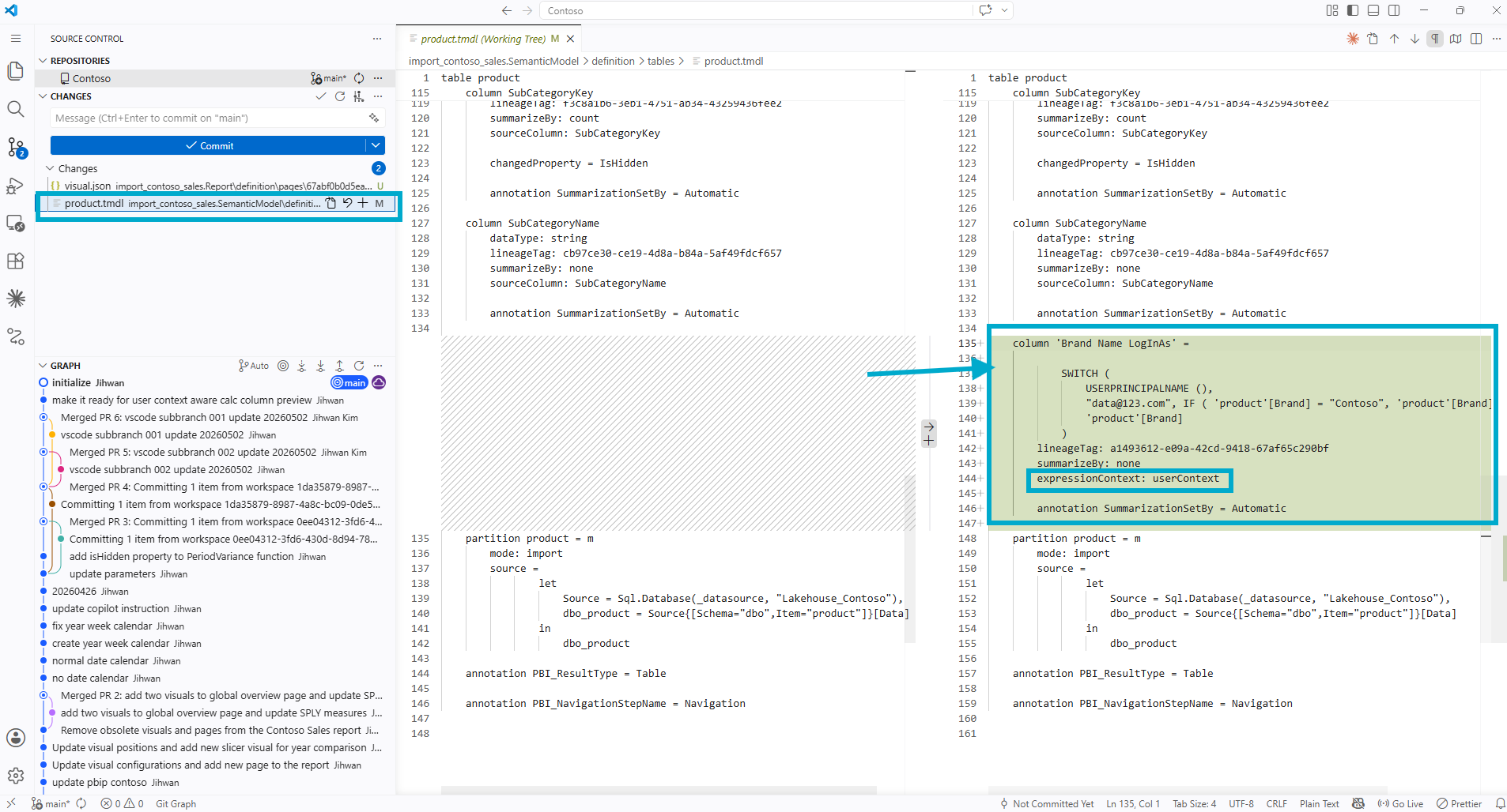 VS Code showing the Git diff of product.tmdl with the new calculated column added