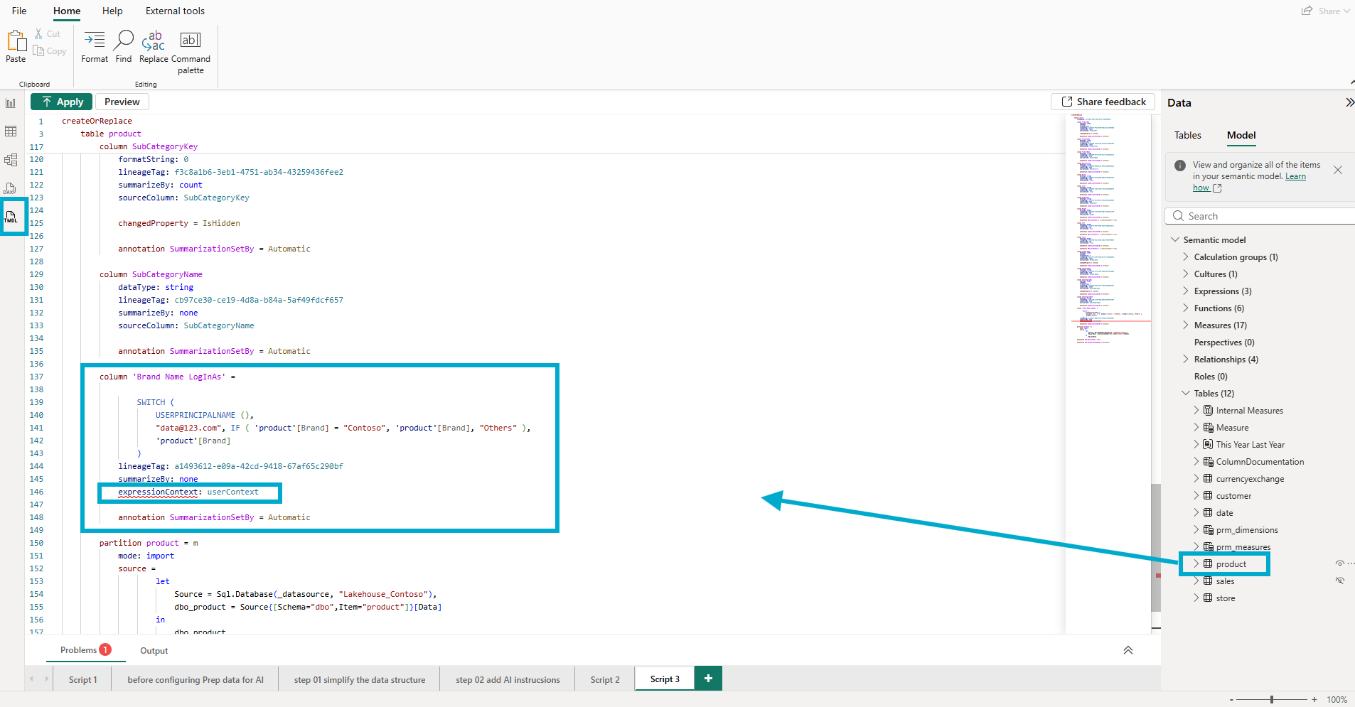 The TMDL view in Power BI Desktop showing the new Brand Name LogInAs calculated column with the expressionContext: userContext property