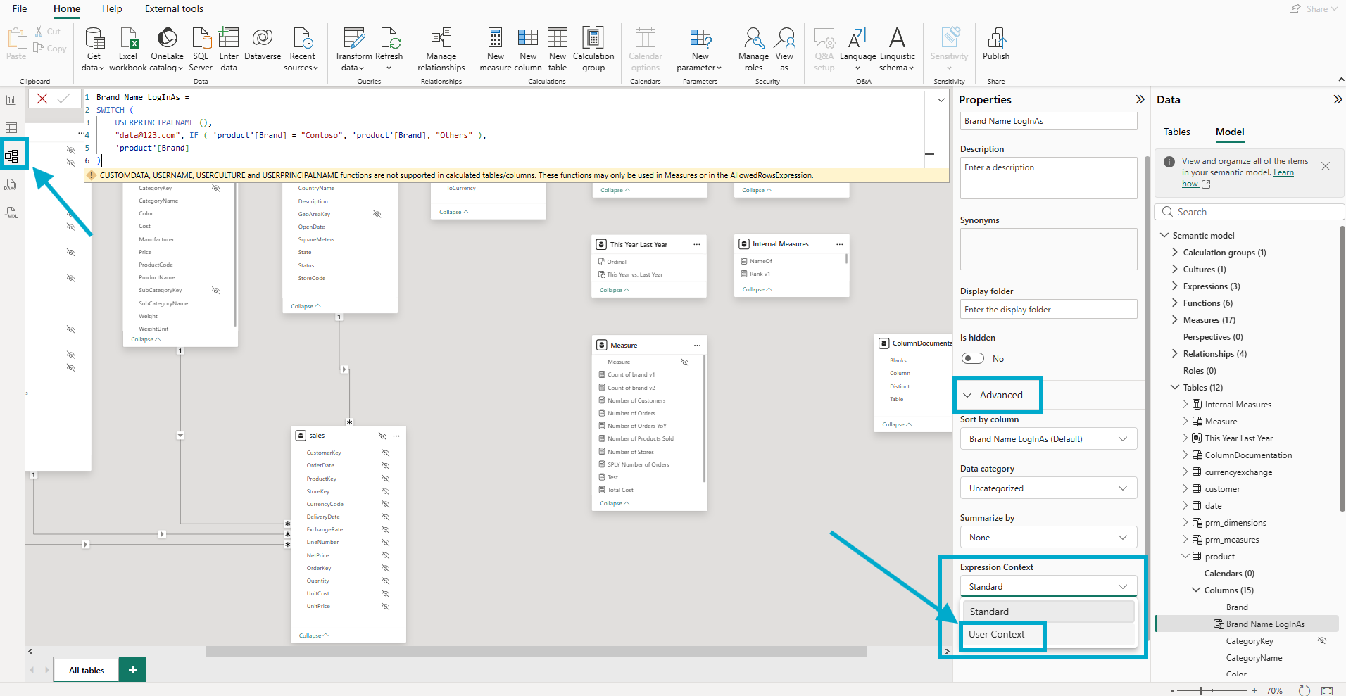 The Properties pane in Model view showing the Expression Context dropdown set to User Context