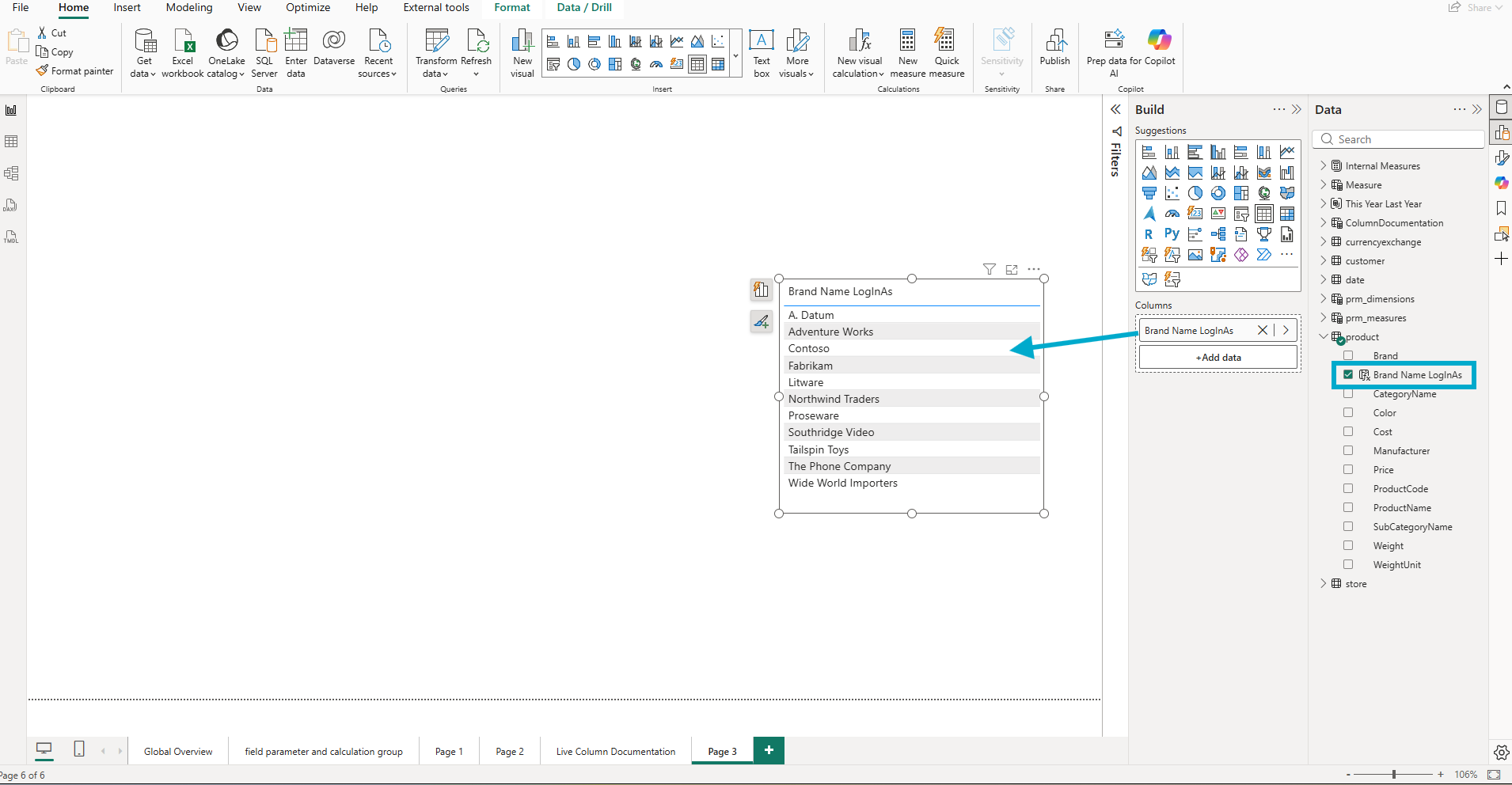 A table visual on the report page showing all eleven brand names from the product table