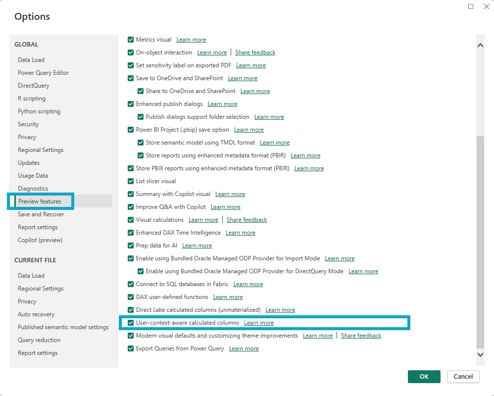 Power BI Desktop Options pane with the User-context-aware calculated columns preview feature checked