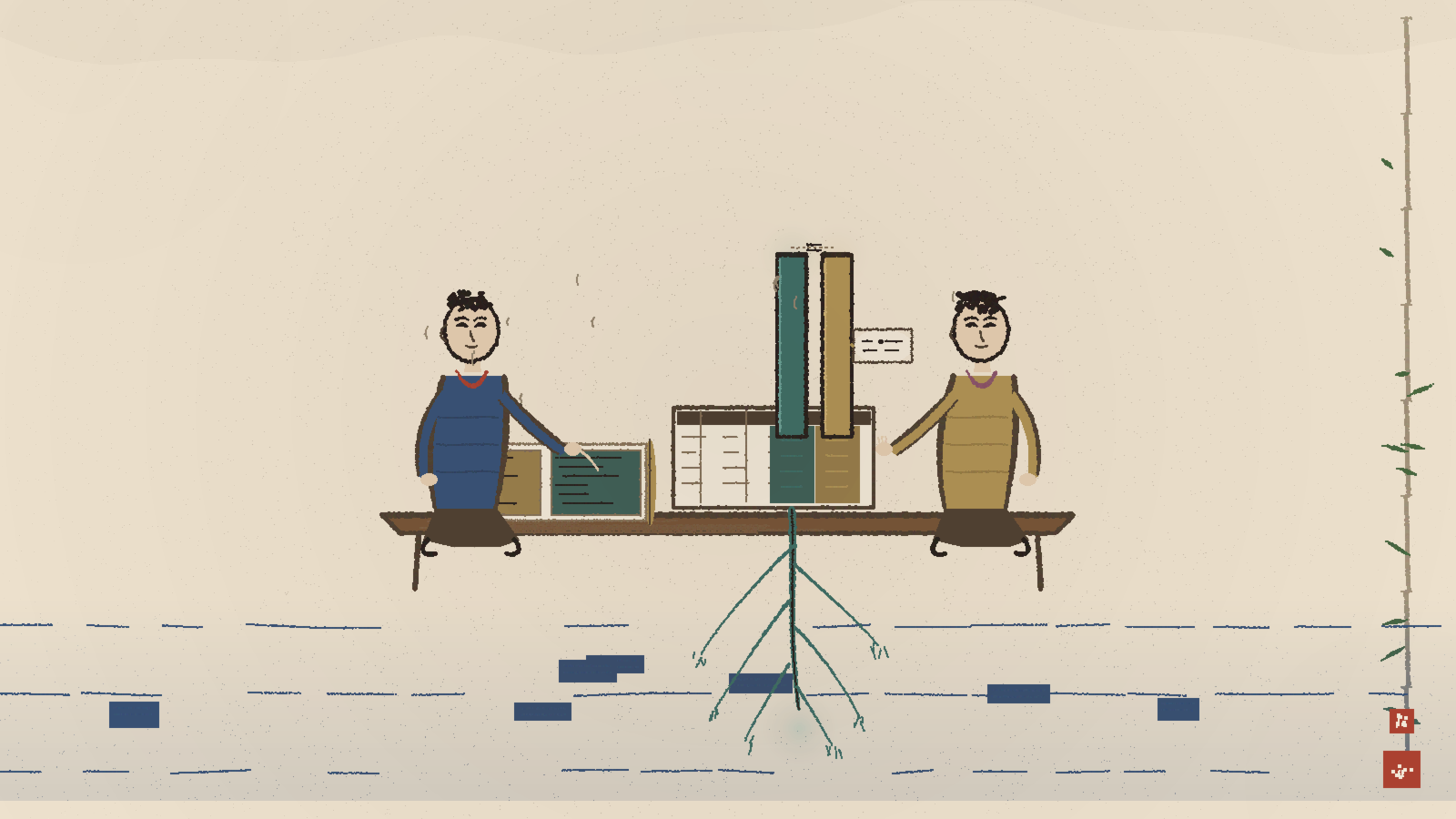 An illustration of two figures standing on either side of a stack of layered blocks, representing the comparison between a Visual Calculation in the report layer and a model measure in the semantic model layer