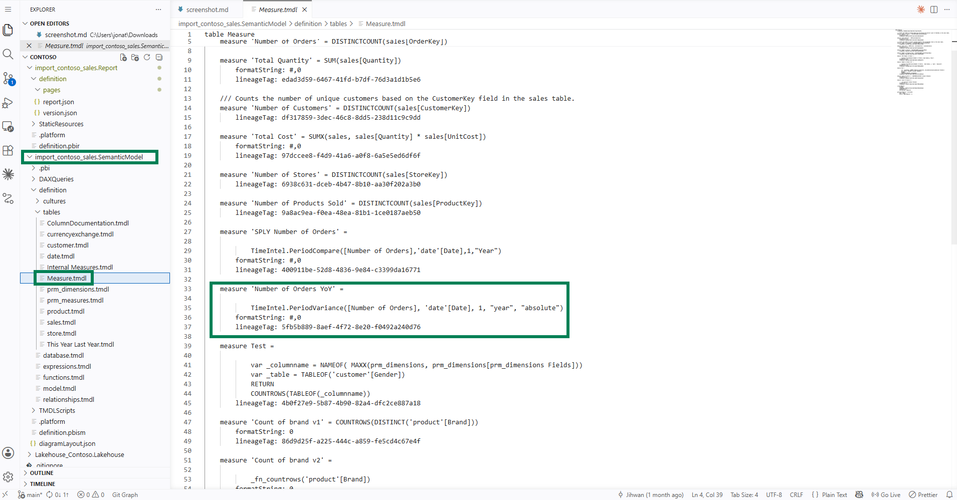 VS Code Explorer showing import_contoso_sales.SemanticModel > definition > tables > Measure.tmdl with the Number of Orders YoY measure highlighted, whose body calls TimeIntel.PeriodVariance