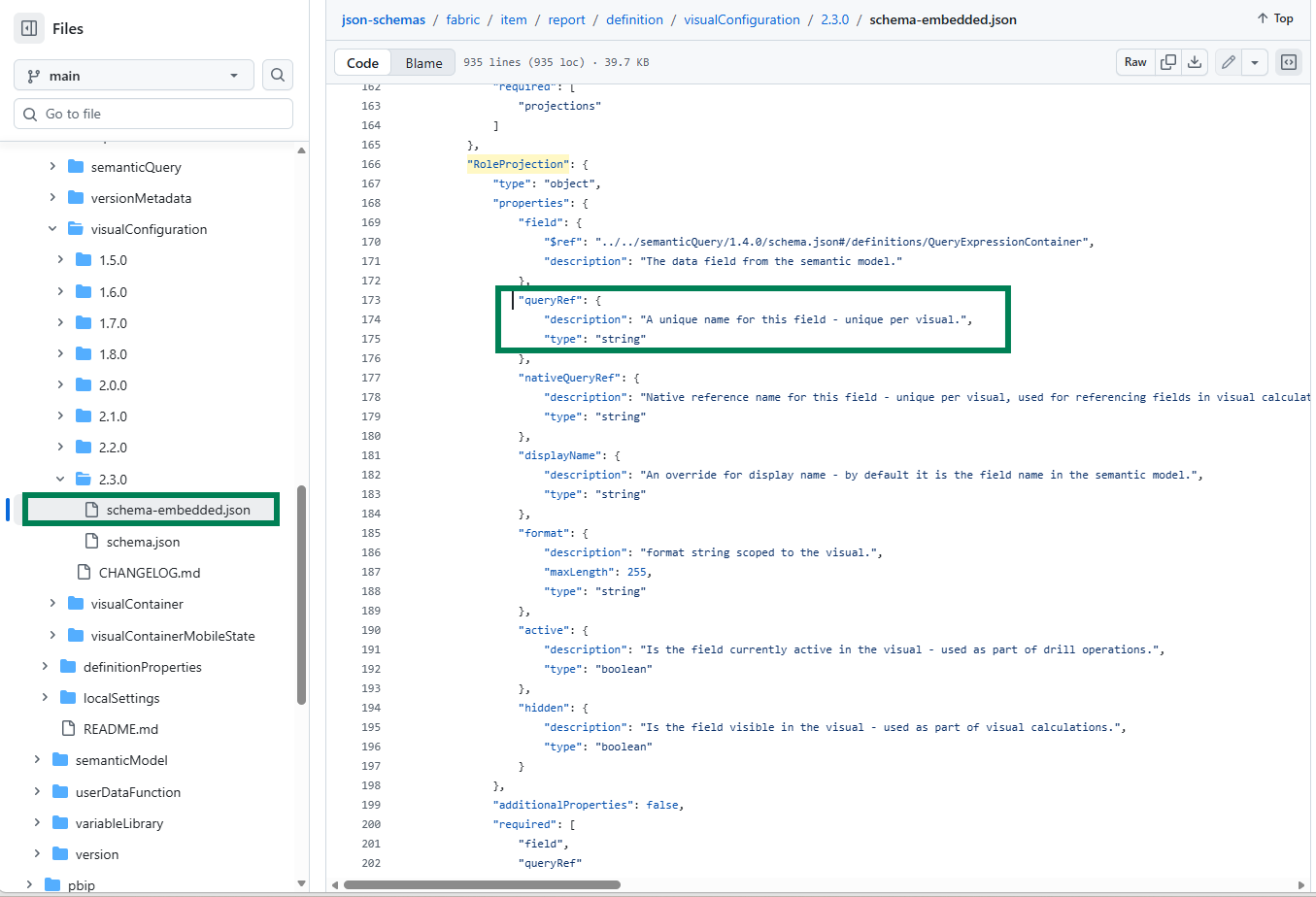 The microsoft/json-schemas repository on GitHub showing visualConfiguration/2.3.0/schema-embedded.json open, with the RoleProjection definition visible and the queryRef property highlighted, including its description A unique name for this field - unique per visual