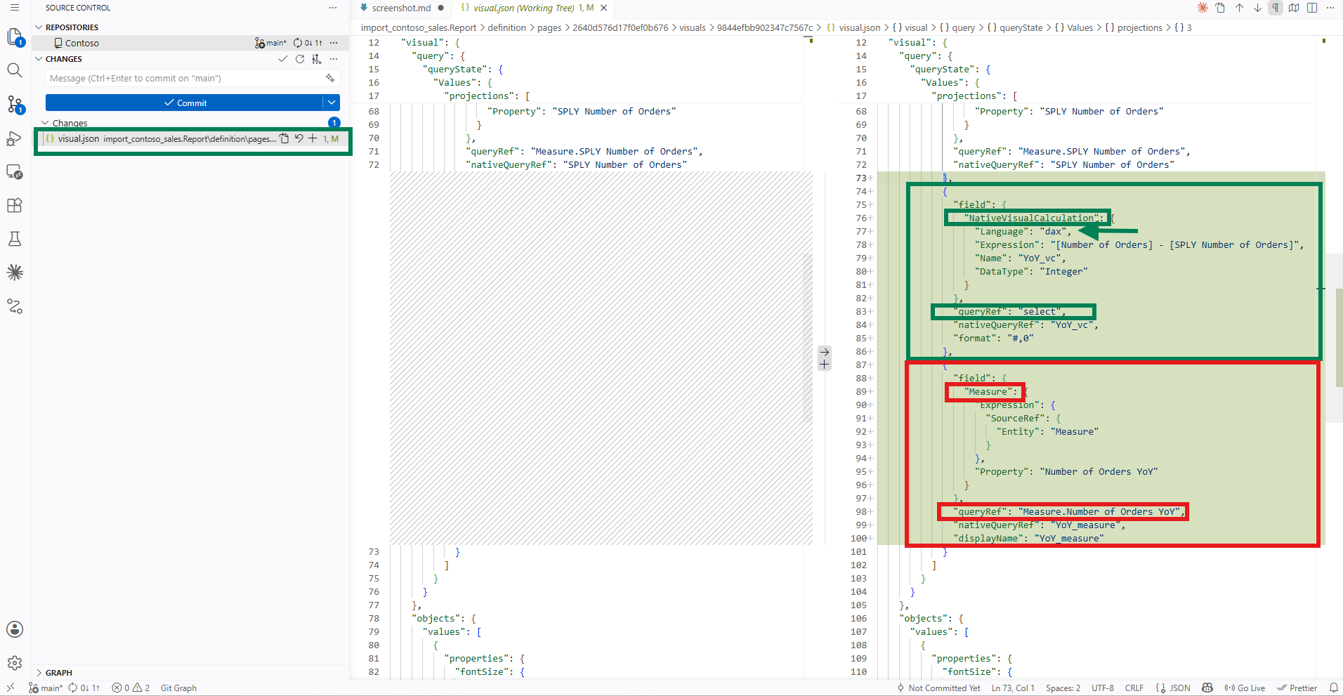 VS Code Source Control panel showing visual.json as the only changed file, with the visual calculation NativeVisualCalculation block in a green-highlighted addition and the existing Number of Orders YoY measure-reference block visible just below it